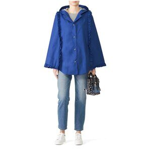 Deborah Lyons Blue Memphis Button-Down Cape Coat With Ruffle Detail & Hood Size